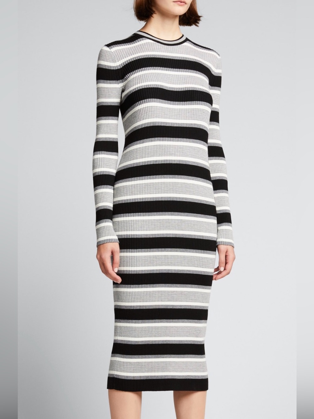 ✨ Theory Empire Wool Stripe Ribbed Midi Dress Women’s Small Black Gray Ivory ✨